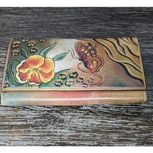 Anuschka Painted Multi color Multicompartment Leather Tri Fold Long Wallet
